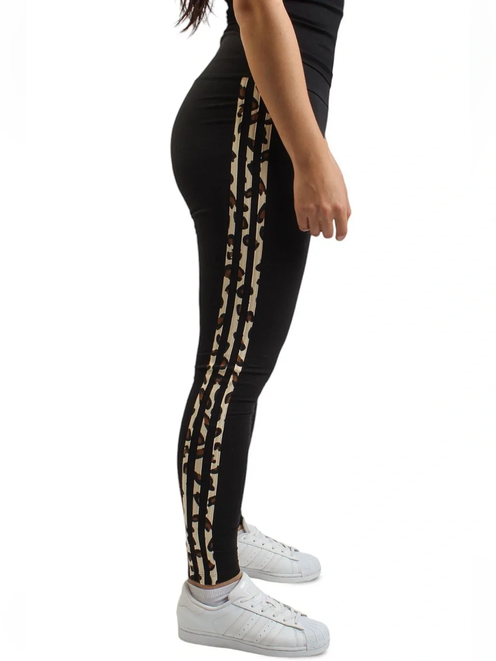 adidas Black Leggings with Tan Leopard-Print Side Stripes
